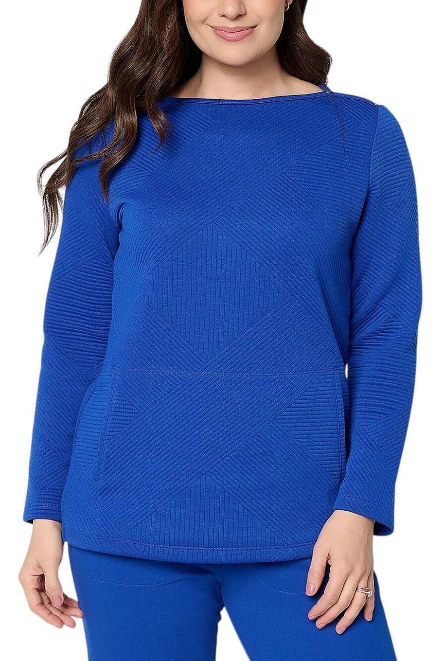 Denim & Co. Women's Active Pattern Jacquard Top Pockets Royal Blue - Regular